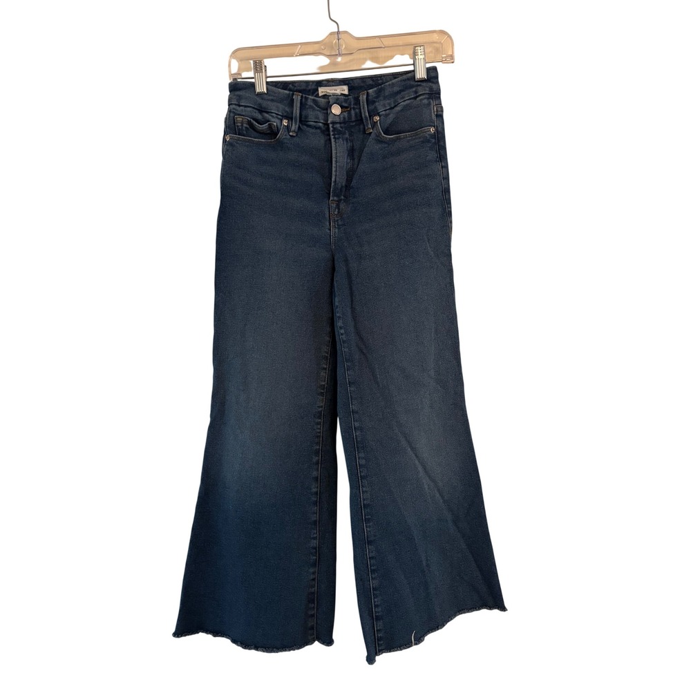Good American Good Wide Leg Jeans Dark Wash Raw Hem Blue Denim 0/25 GWP144T